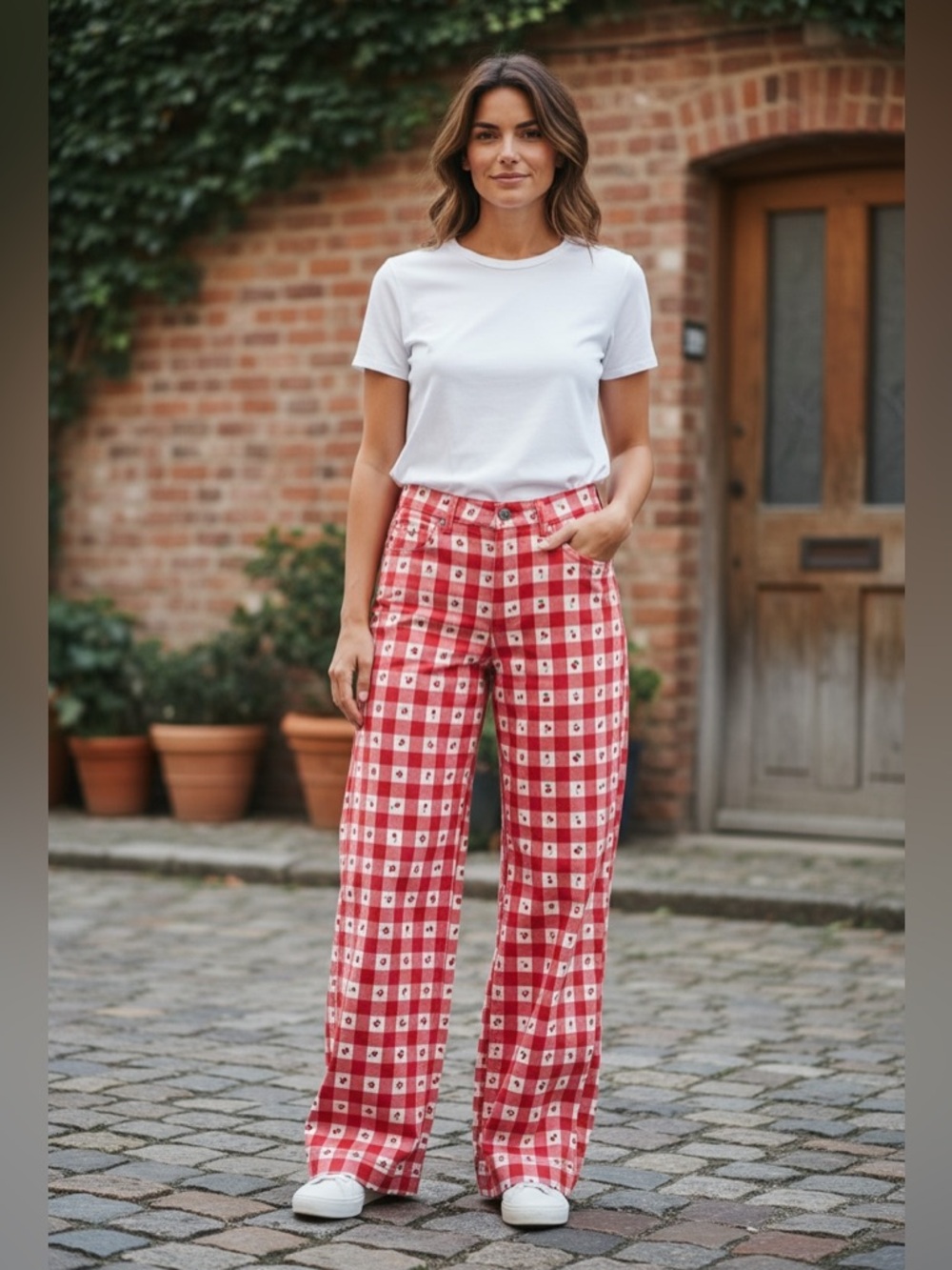 Oat New York Cherry Gingham High Rise Wide Leg Cropped Pants Size 8/29 NEW